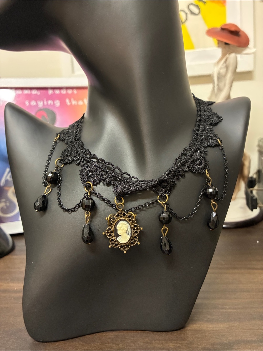 Vintage Victorian Black Cameo Lace Choker Necklace - Dark Romantic Goth